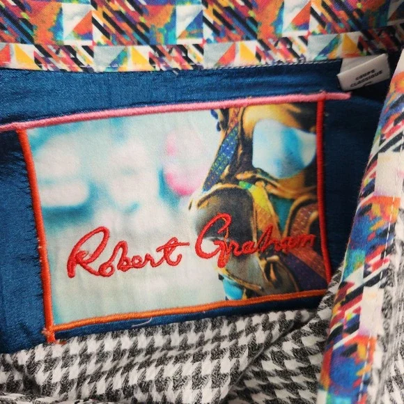 Robert Graham Shirt Mens Large Gray Houndstooth Flip Cuff Party Casual Button Up - Picture 5 of 6